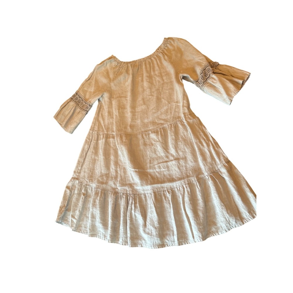 Terzo Millennio Beige Linen Dress W/ Crochet Bell Sleeves Size M Made In Italy